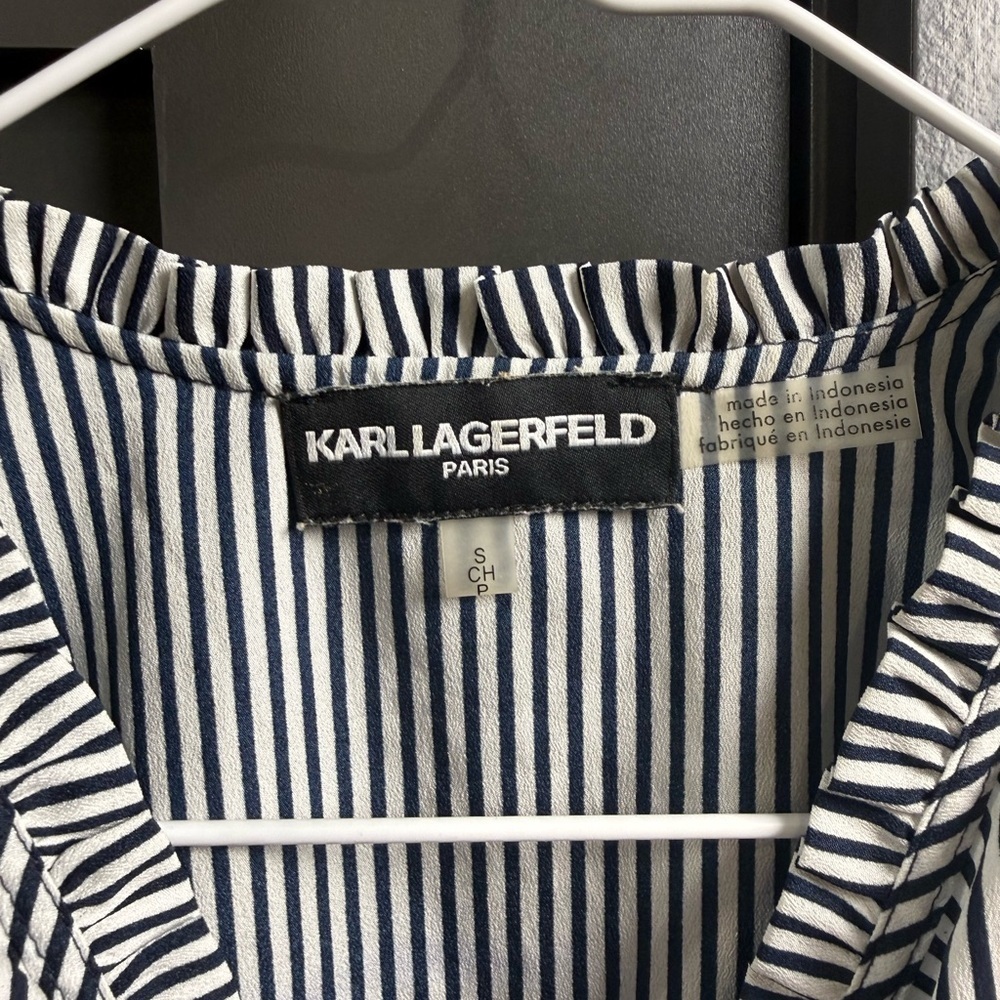 Karl Lagerfeld Black and White Stripes Women’s Small Ruffled Blouse Office - Picture 2 of 8